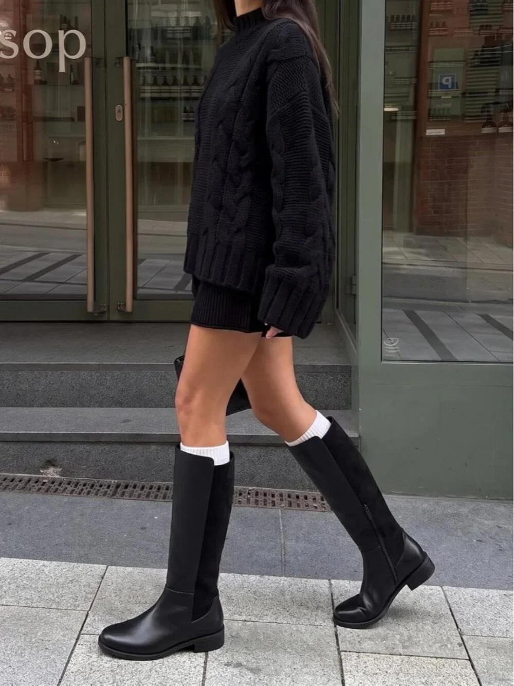 Women Black Pu Suede Chunky Block Low Heel Round Toe Side Zipper Knee High Boots